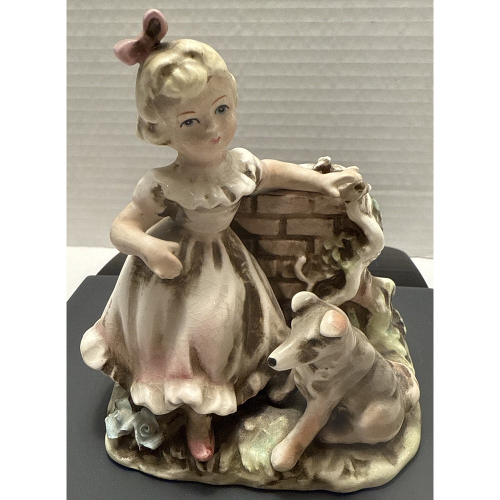 VIntage Eric Stauffer Arnart Japan Porcelain Figurine S8451 Girl On Wall & Dog